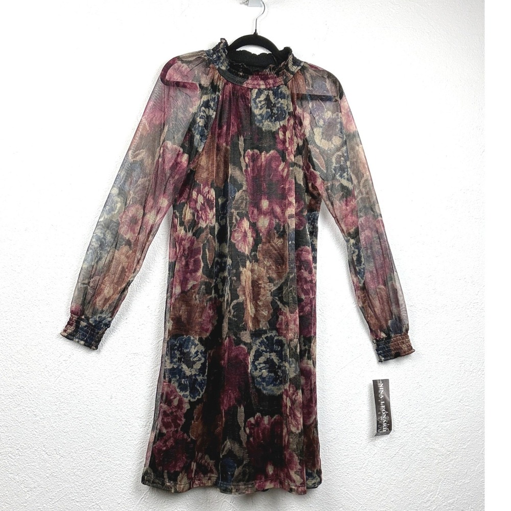 Nina Leonard Multicolor Floral Mesh Dress - L - Smocked Mock Neck Boho Romantic